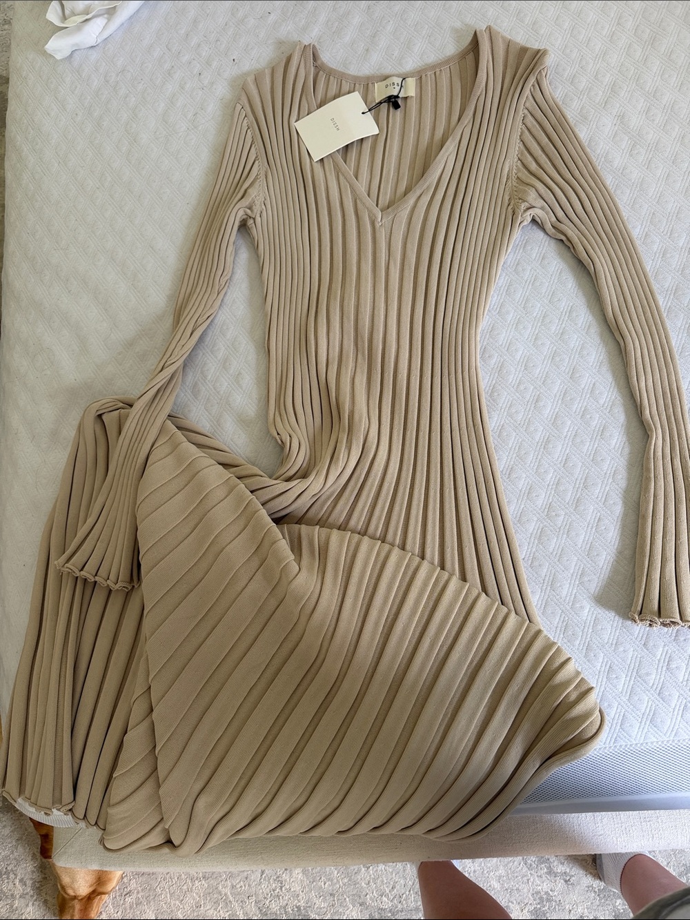 DISSH Ribbed V-Neck Maxi Dress in Beige